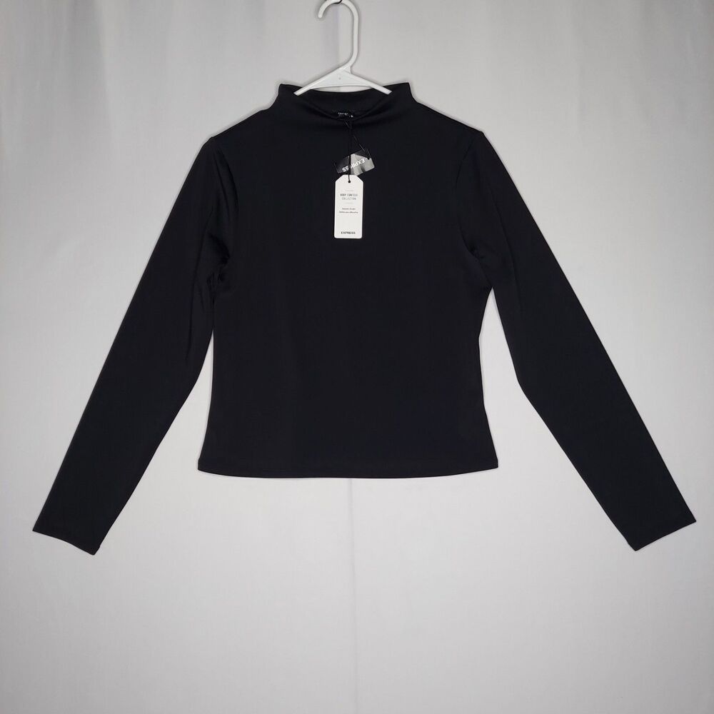 Express Contour Top Women Large Black Mock Neck Long Sleeve Bodycon Stretch Top